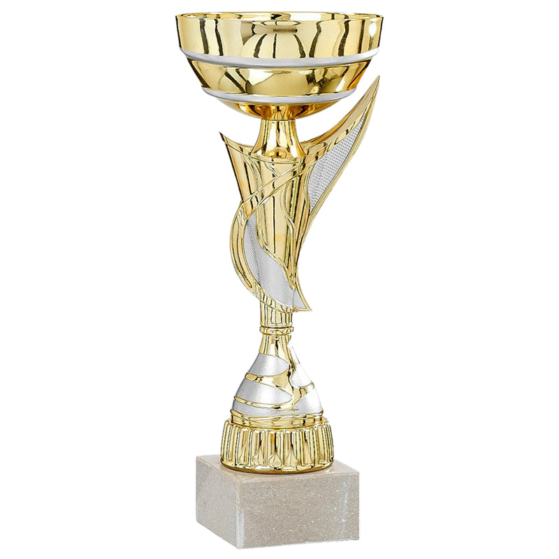 13-1/2 INCH GOLD WITH SILVER ACCENTS EUROPEAN STYLE TROPHY CUP ON WHITE MARBLE BASE