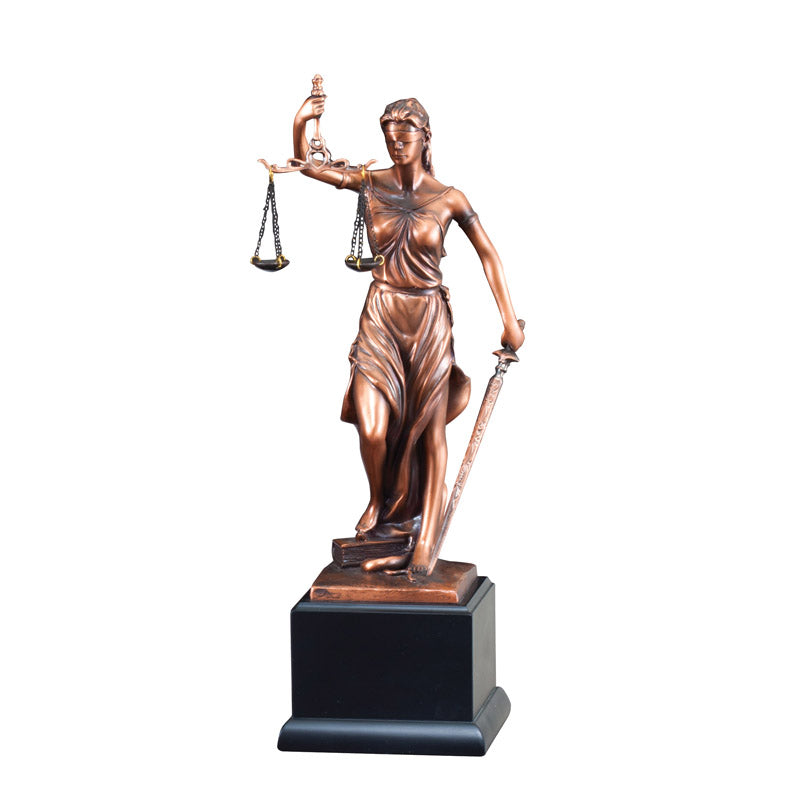 13-1/2 INCH LADY OF JUSTICE ELECTROPLATED ANTIQUE BRONZE FINISH ON BLACK BASE