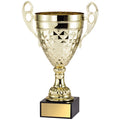 13-1/4 INCH MODERN STYLE GOLD METAL TROPHY CUP WITH DECORATIVE PATTERN