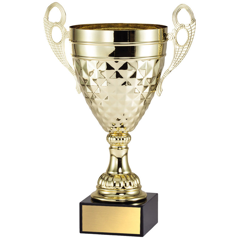 13-1/4 INCH MODERN STYLE GOLD METAL TROPHY CUP WITH DECORATIVE PATTERN