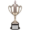 13-1/4 INCH NICKEL PLATED POLISHED SILVER TROPHY CUP ACORN TOP ON BLACK BASE