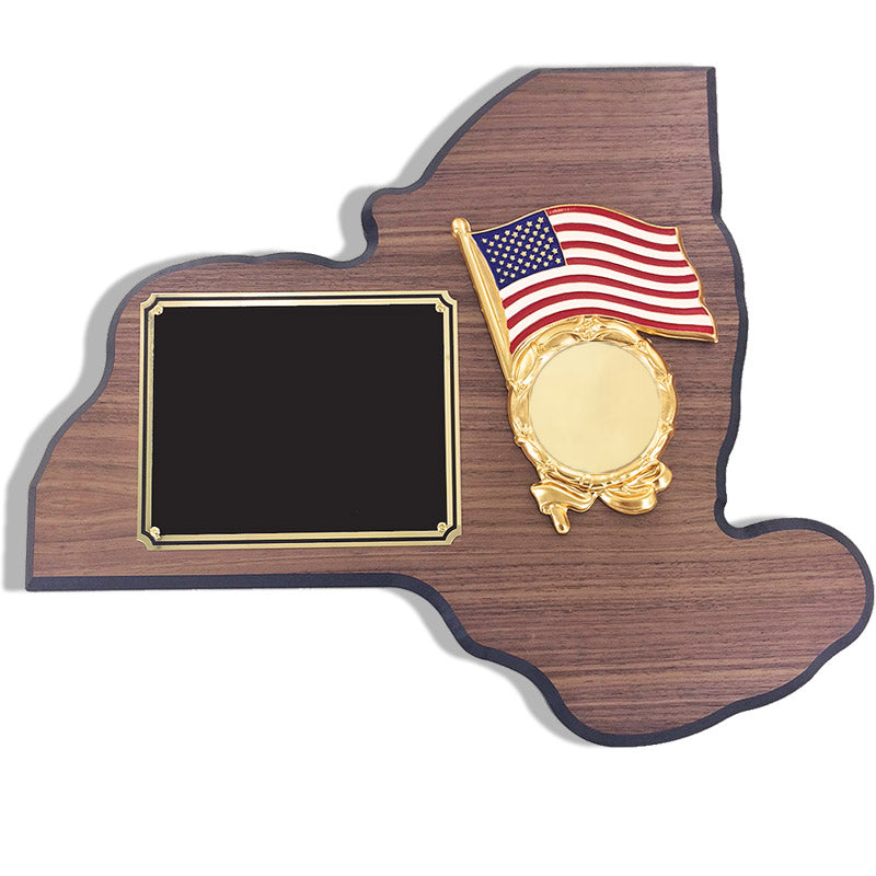 13-1/4 X 11 INCH NEW YORK STATE WALNUT VENEER PLAQUE WITH INTERCHANGEABLE MEDALLION INSERT