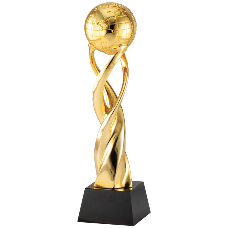 13-1/4 x 3-1/2 INCH METALLIC GOLD RESIN SPIRAL WORLD TROPHY ON BLACK CRYSTAL BASE
