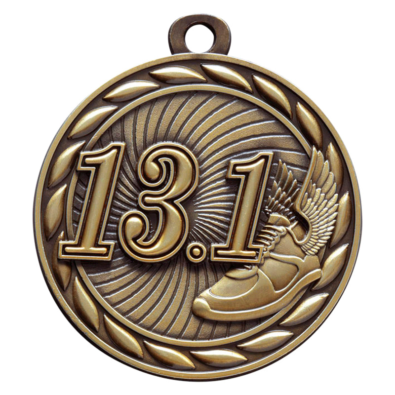 Die-Cast Metal 2-Inch in Diameter Round 13.1 Run Medal with Customizable Back in Antique Gold