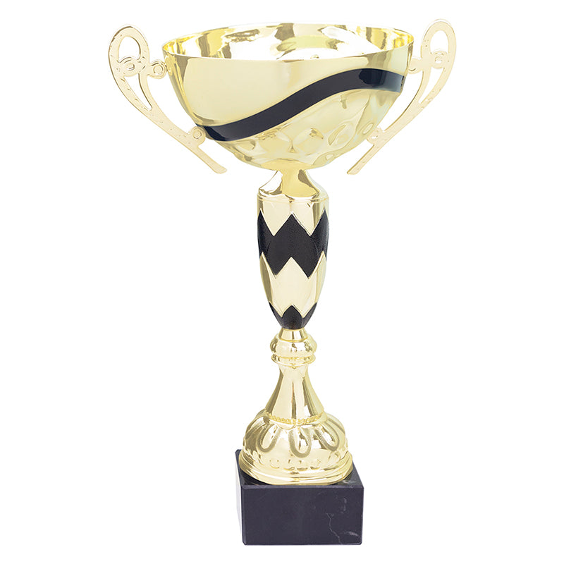 13-3/4 INCH GOLD WITH BLACK AND WHITE ACCENTS EUROPEAN STYLE TROPHY CUP ON BLACK MARBLE BASE