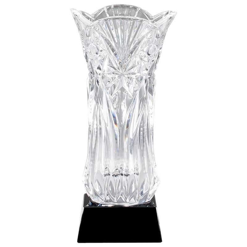 13-3/4 INCH HAND-CUT CRYSTAL VASE AWARD ON BLACK BASE