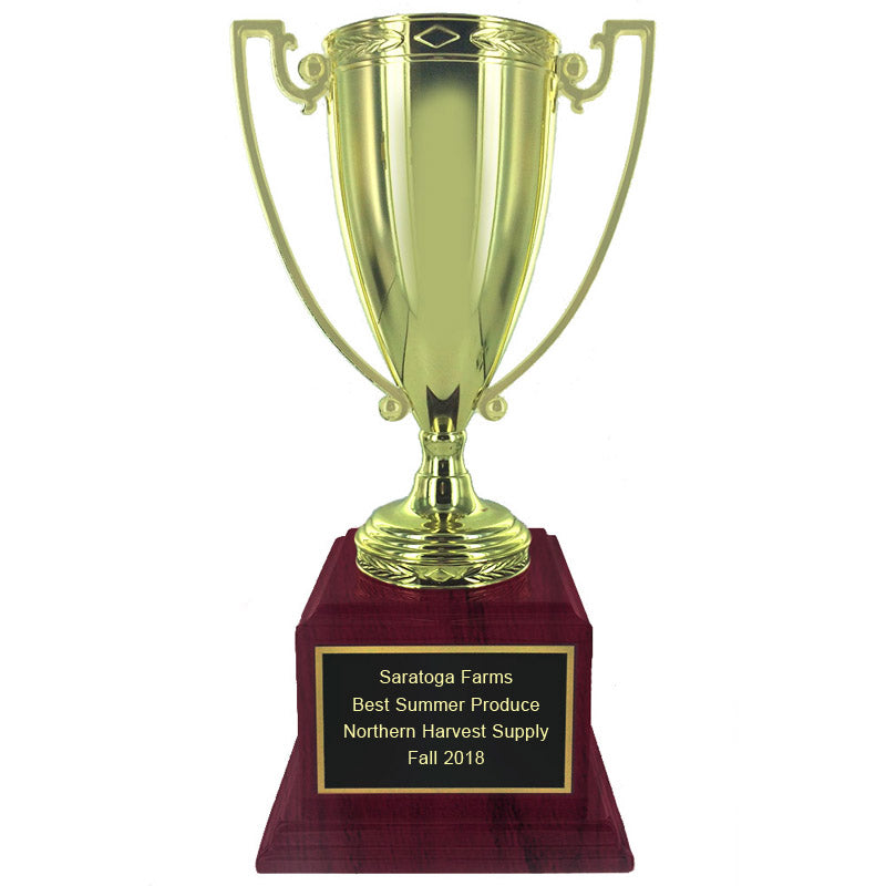 13-3/4 INCH HEIGHT BRIGHT GOLD METAL CUP TROPHY ON ROSEWOOD PIANO FINISH BASE