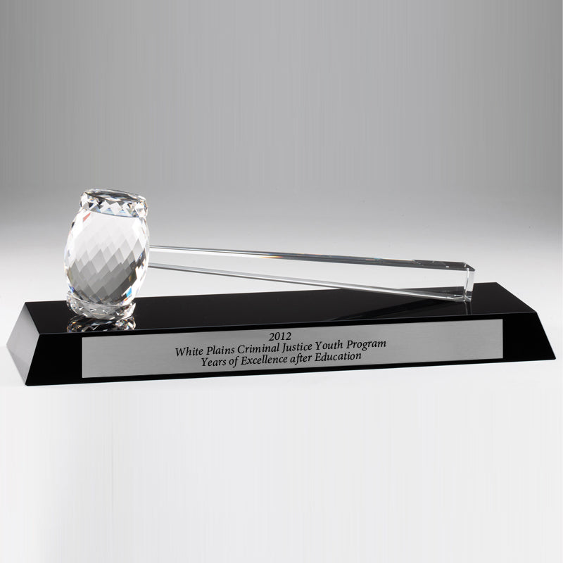 13-3/4" X 4-1/4" INCH OPTICAL CRYSTAL GAVEL AND BASE AWARD BLACK FACET CUT REFLECTIVE SILVER BASE