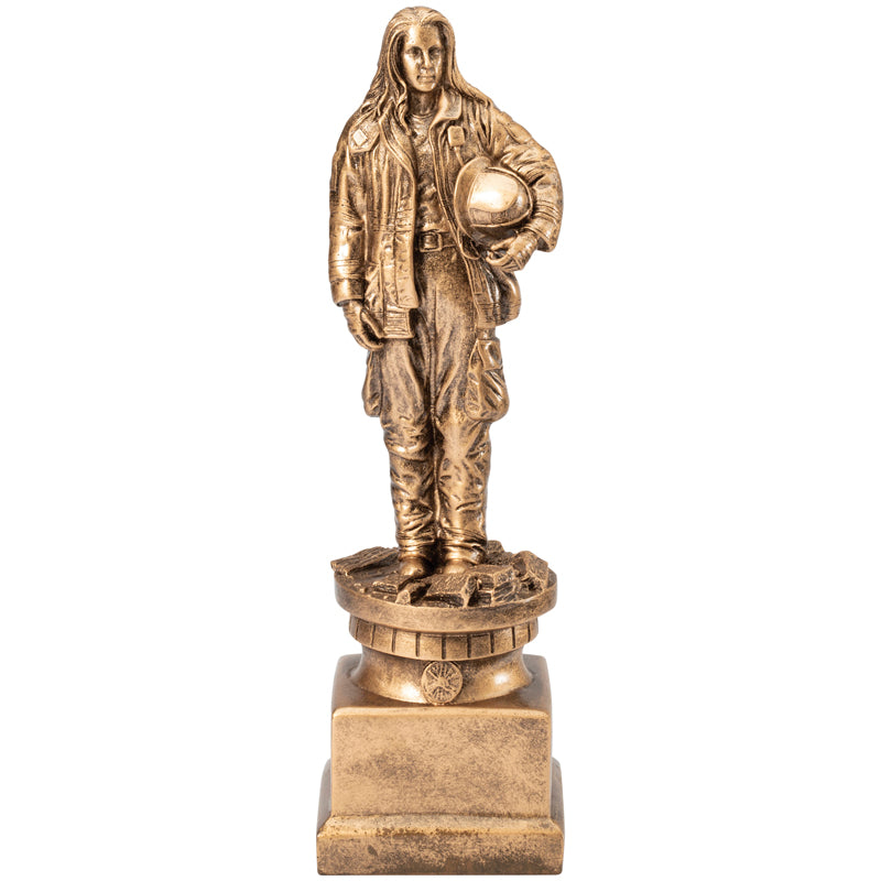 13 INCH ANTIQUE GOLD FEMALE FIREFIGHTER RESIN TROPHY