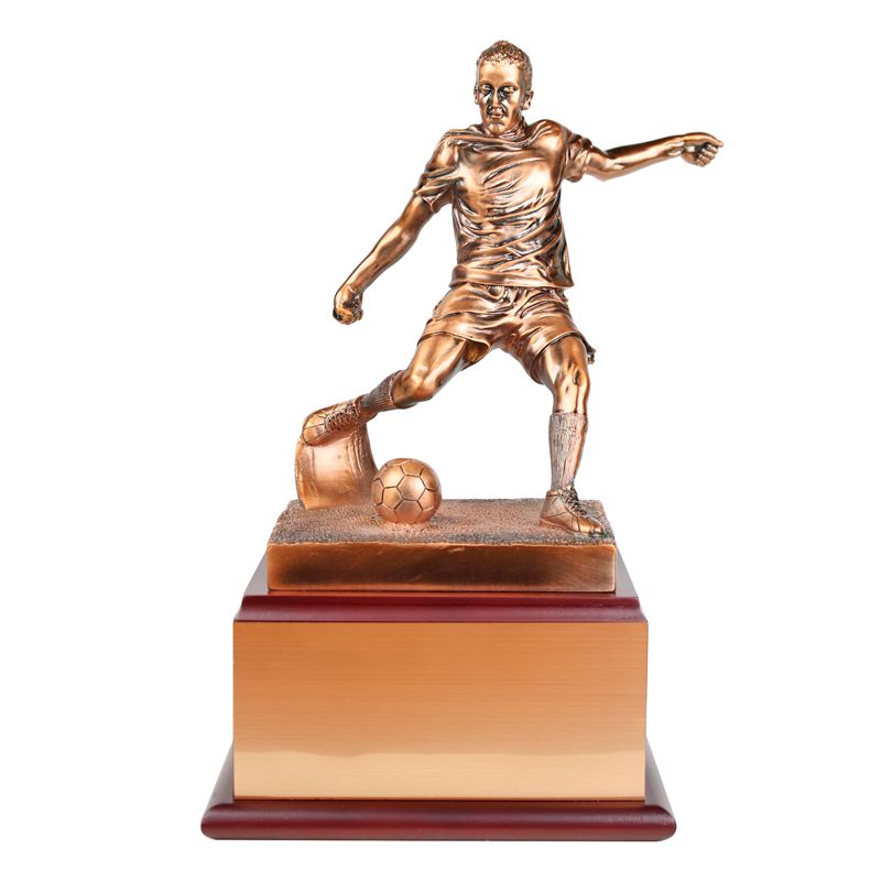 13 INCH ELECTROPLATED ANTIQUE BRONZE MALE FIGURE SOCCER TROPHY