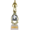 13 INCH FEMALE SOCCER TROPHY RISER WITH FIGURE ON MARBLE BASE