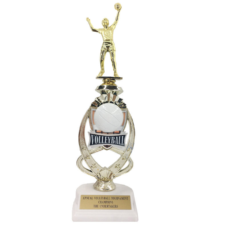 13 INCH FEMALE VOLLEYBALL TROPHY RISER WITH FIGURE ON MARBLE BASE