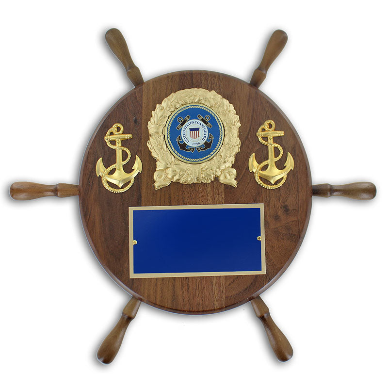 13 INCH GENUINE WALNUT COAST GUARD WHEEL SHIP PLAQUE