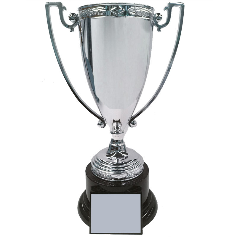 13 INCH HEIGHT DIE CAST SILVER METAL CUP TROPHY ON BLACK BASE