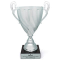 13 INCH ITALIAN SILVER TROPHY CUP SWIRL PATTERN ON BLACK MARBLE BASE