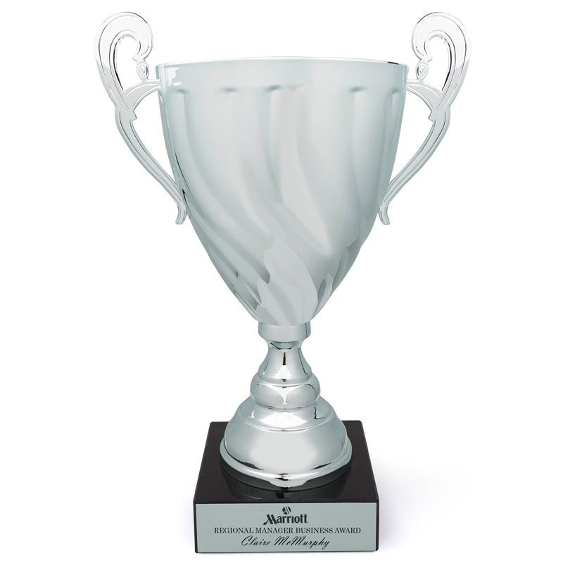 13 INCH ITALIAN SILVER TROPHY CUP SWIRL PATTERN ON BLACK MARBLE BASE