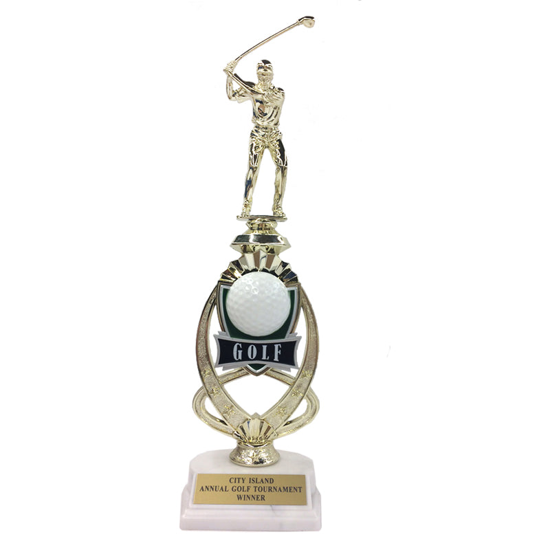 13 INCH MALE GOLF TROPHY RISER WITH FIGURE ON MARBLE BASE