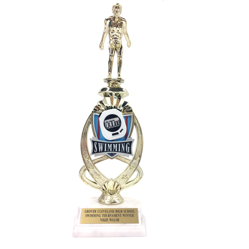 13 INCH MALE SWIM TROPHY RISER WITH FIGURE ON MARBLE BASE