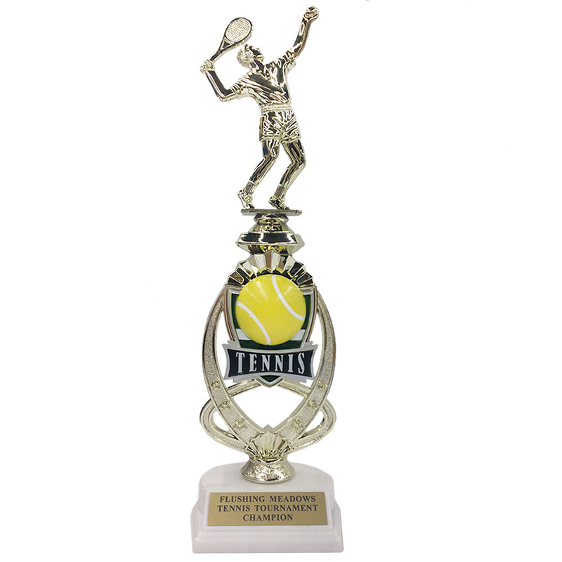 13 INCH MALE TENNISTROPHY RISER WITH FIGURE ON MARBLE BASE