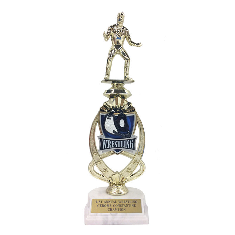 13 INCH MALE WRESTLER TROPHY RISER WITH FIGURE ON MARBLE BASE