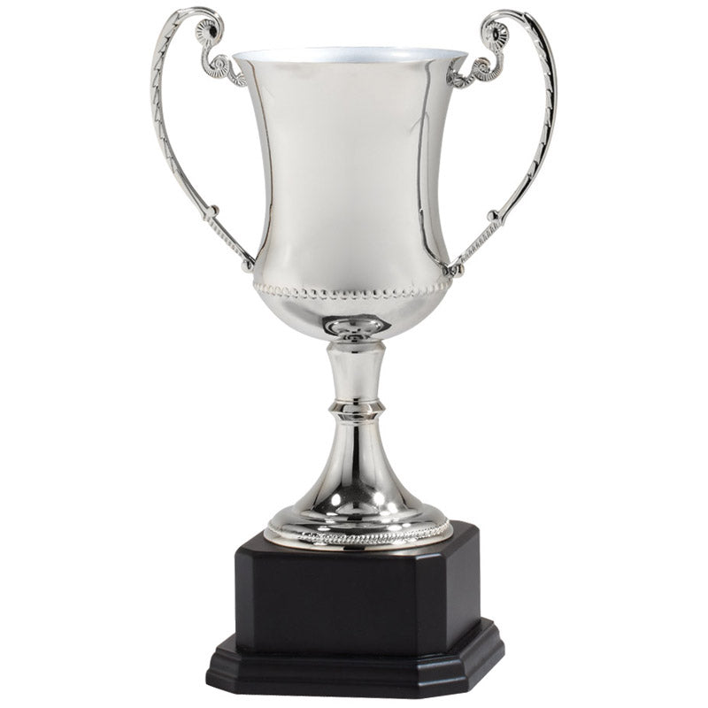 13 INCH NICKEL PLATED SILVER TROPHY CUP DIE CAST ZINC POLISH  BLACK WOOD BASE
