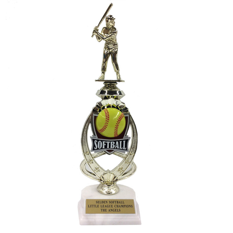 13 INCH SOFTBALL TROPHY RISER WITH FIGURE ON MARBLE BASE