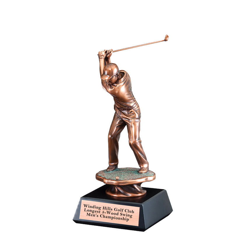 13 INCH MALE GOLF BACK SWING TROPHY ELECTROPLATED BRONZE ON BLACK BASE