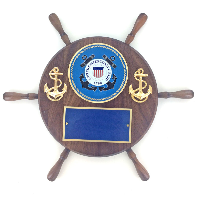 13 INCH SHIPWHEEL PLAQUE GENUINE WALNUT WITH U.S. COAST GUARD MEDALLION BLUE ENGRAVING PLATE