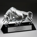 13" X 4-3/4" INCH OPTICAL CRYSTAL CHARGING BULL AWARD BLACK CRYSTAL REFLECTIVE SILVER BASE