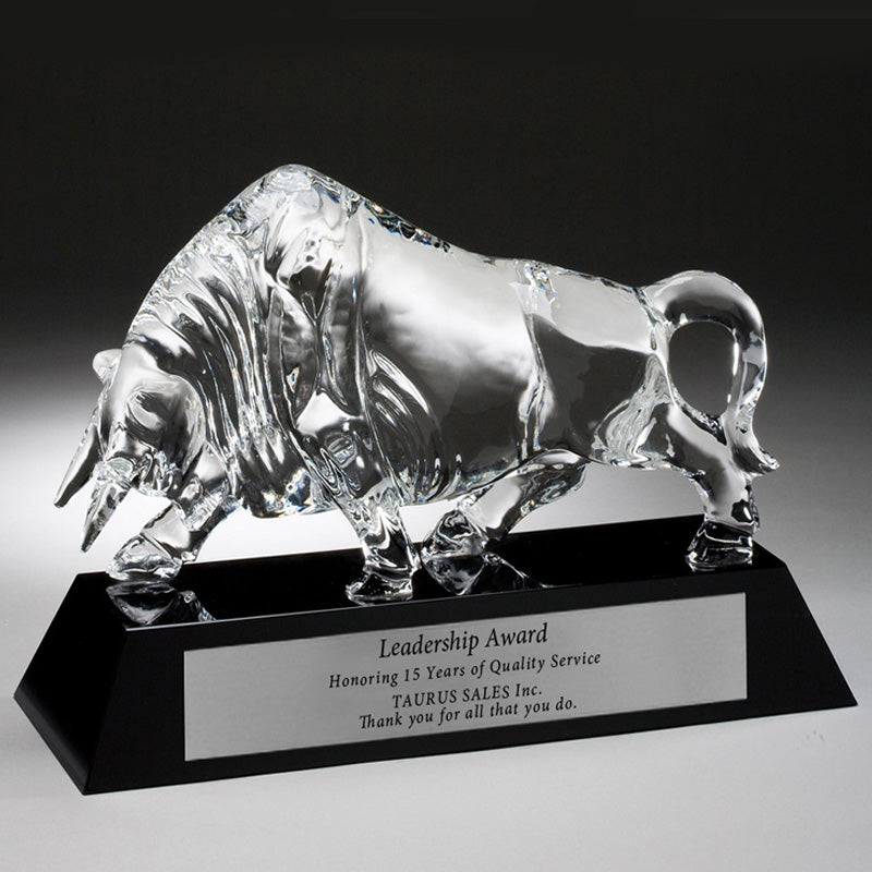 13" X 4-3/4" INCH OPTICAL CRYSTAL CHARGING BULL AWARD BLACK CRYSTAL REFLECTIVE SILVER BASE