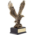 14-1/2 INCH ANTIQUE BRASS ELECTROPLATED RESIN EAGLE MOUNTED ON A BLACK BASE WITH MATTE GOLD ENGRAVING PLATE