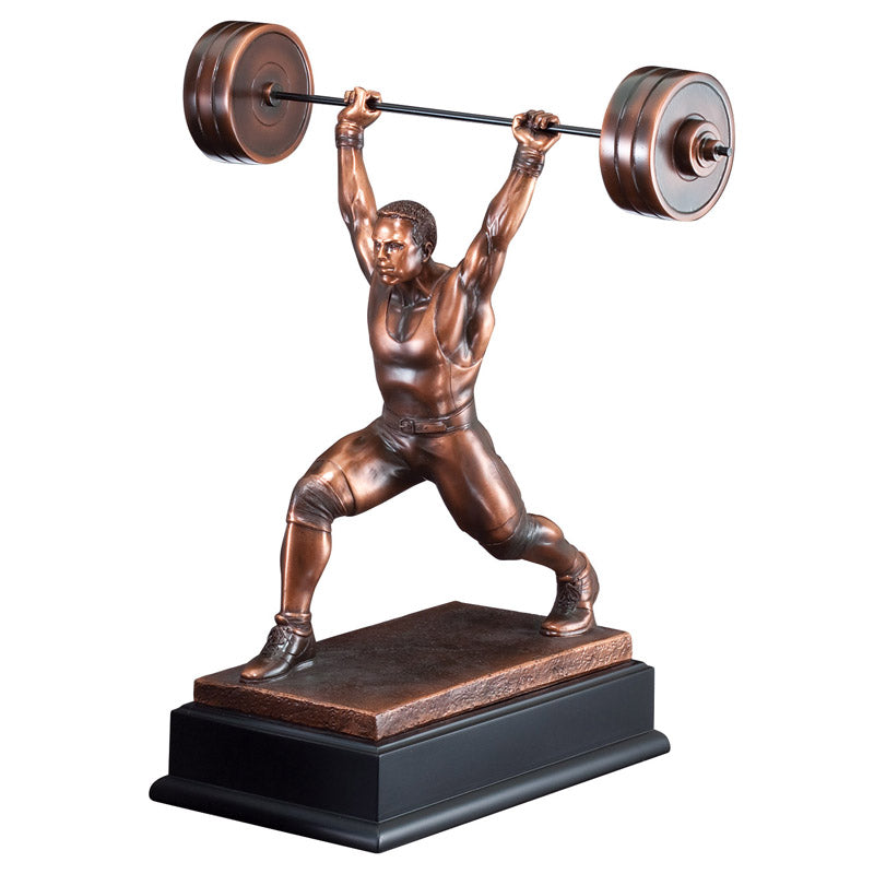 14-1/2 INCH CLEAN AND JERK MALE WEIGHT LIFTER TROPHY ANTIQUE BRONZE FINISH ON BLACK BASE