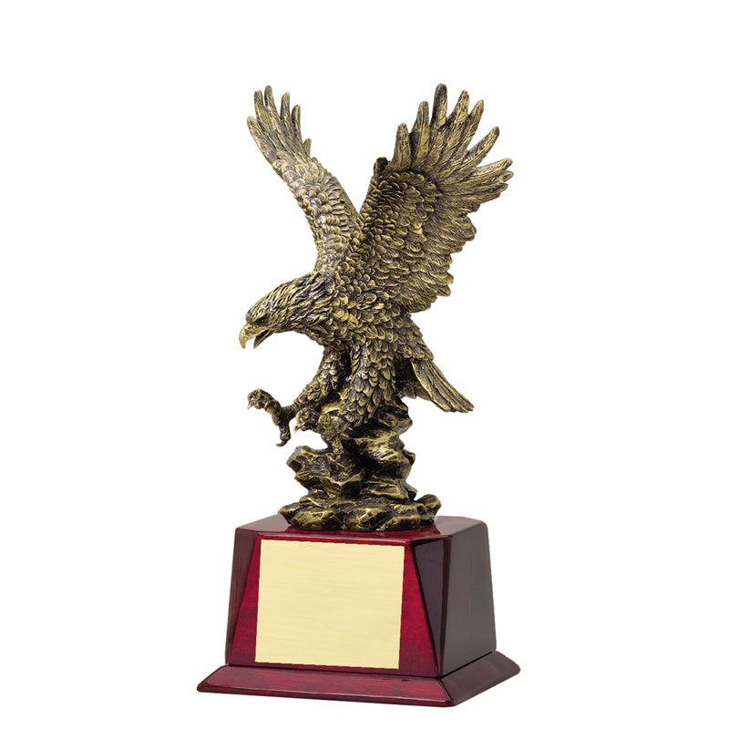 14-1/2 INCH ANTIQUE BRASS AMERICAN EAGLE TROPHY ON ROSEWOOD FINISH BASE