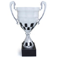 14-1/2 INCH CHECKERBOARD STALE SILVER TROPHY CUP ON BLACK MARBLE BASE
