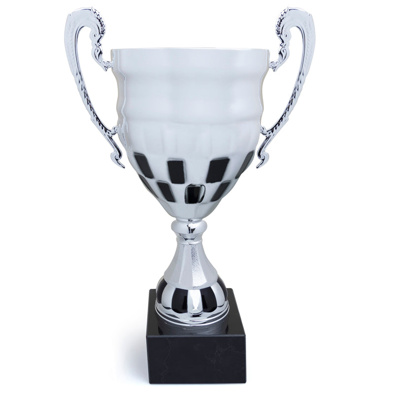 14-1/2 INCH CHECKERBOARD STALE SILVER TROPHY CUP ON BLACK MARBLE BASE