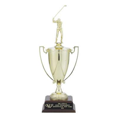 14-1/2 INCH TROPHY WITH 6-3/4 INCH GOLD CUP TAKES FIGURE