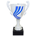 14-1/4 INCH ITALIAN SILVER SWIRL TROPHY CUP WITH BLUE STRIPES ON A BLACK MARBLE BASE