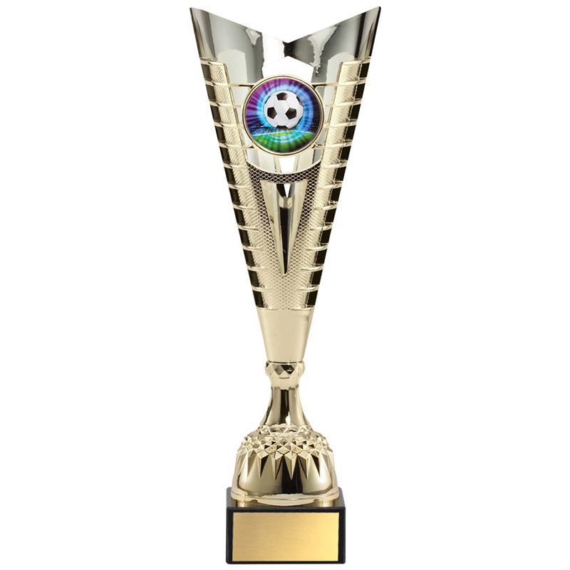14-3/4 INCH MODERN STYLE EUROPEAN GOLD METAL TROPHY CUP HOLDS 2 INCH INSERT