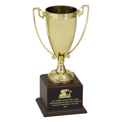 14-3/8 INCH TROPHY WITH 10-1/4 INCH GOLD CUP ON WALNUT WOOD BASE