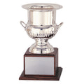 14 INCH CHAMPAGNE/WINE COOLER ON WALNUT BASE, SILVER,
