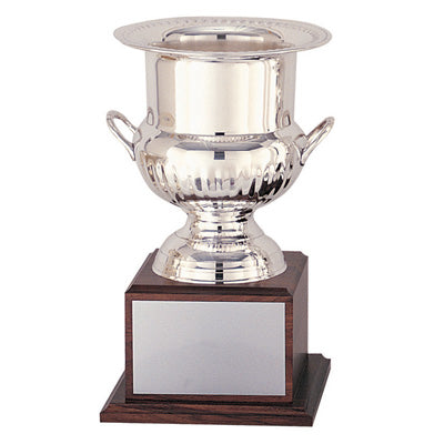 14 INCH CHAMPAGNE/WINE COOLER ON WALNUT BASE, SILVER,