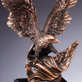 14 INCH ELECTROPLATED ANTIQUE BRONZE AMERICAN EAGLE FLAG TROPHY ON BLACK BASE