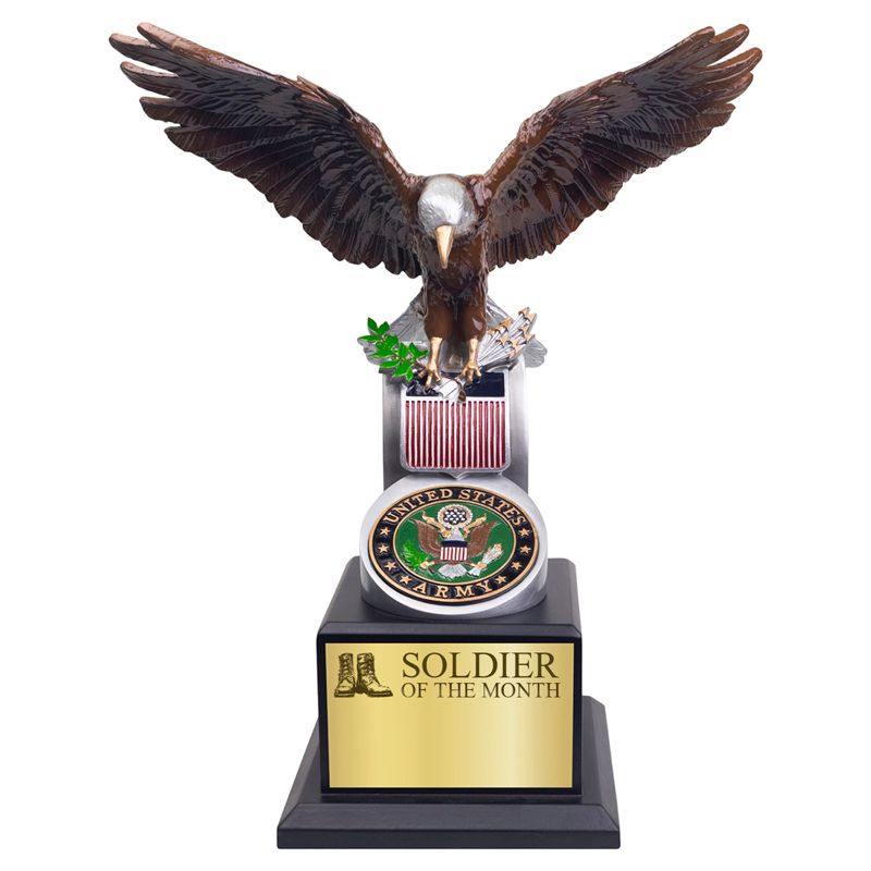 14 INCH HAND PAINTED "SOLDIER OF THE MONTH" U.S. ARMY EAGLE WITH ARMY SHIELD EMBLEM ON A BLACK WOOD BASE