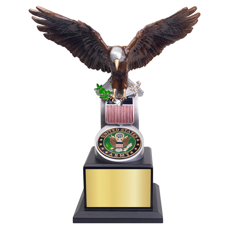 14 INCH HAND PAINTED U.S. ARMY EAGLE WITH ARMY SHIELD EMBLEM ON A BLACK WOOD BASE