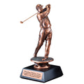 14 INCH MALE GOLF FOLLOW THROUGH SWING TROPHY ELECTROPLATED BRONZE ON BLACK BASE