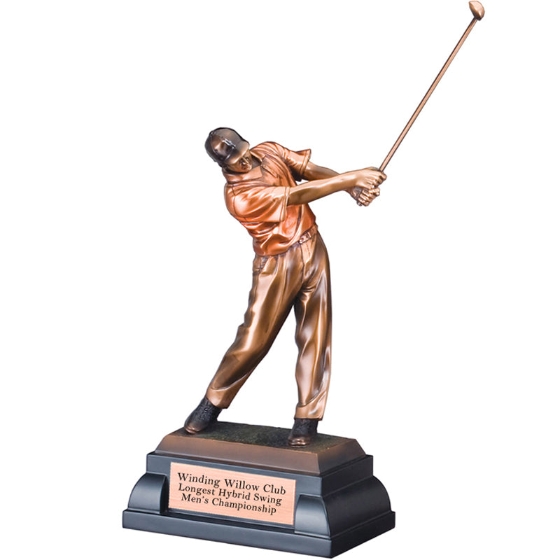 14 INCH MALE GOLF FOLLOW THROUGH SWING TROPHY ELECTROPLATED IN BRONZE ON BLACK BASE