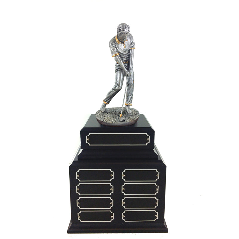 15-1/2 INCH ANTIQUE SILVER MALE GOLF PERPETUAL TROPHY WITH 32 NAME PLATES