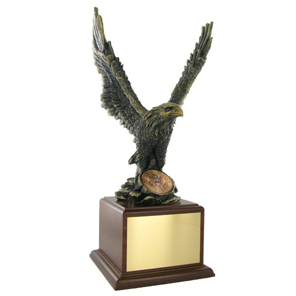 15-1/2 INCH EAGLE TROPHY, BRASS ELECTROPLATED, 2 INCH MEDALLION