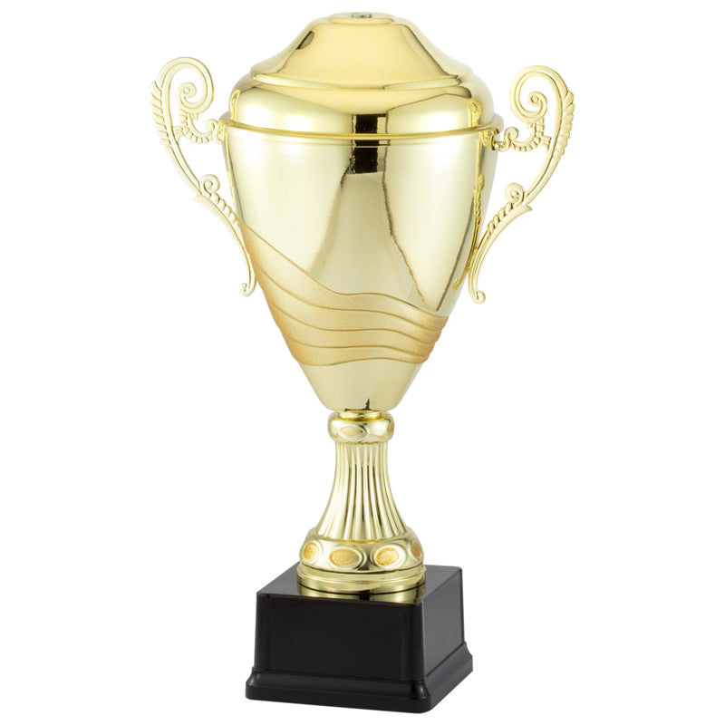 15-1/2 INCH ITALIAN TWO-TONE BRIGHT AND ANTIQUE GOLD TROPHY CUP ON BLACK BASE