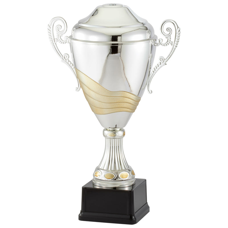 15-1/2 INCH ITALIAN TWO-TONE SILVER AND GOLD TROPHY CUP ON BLACK BASE